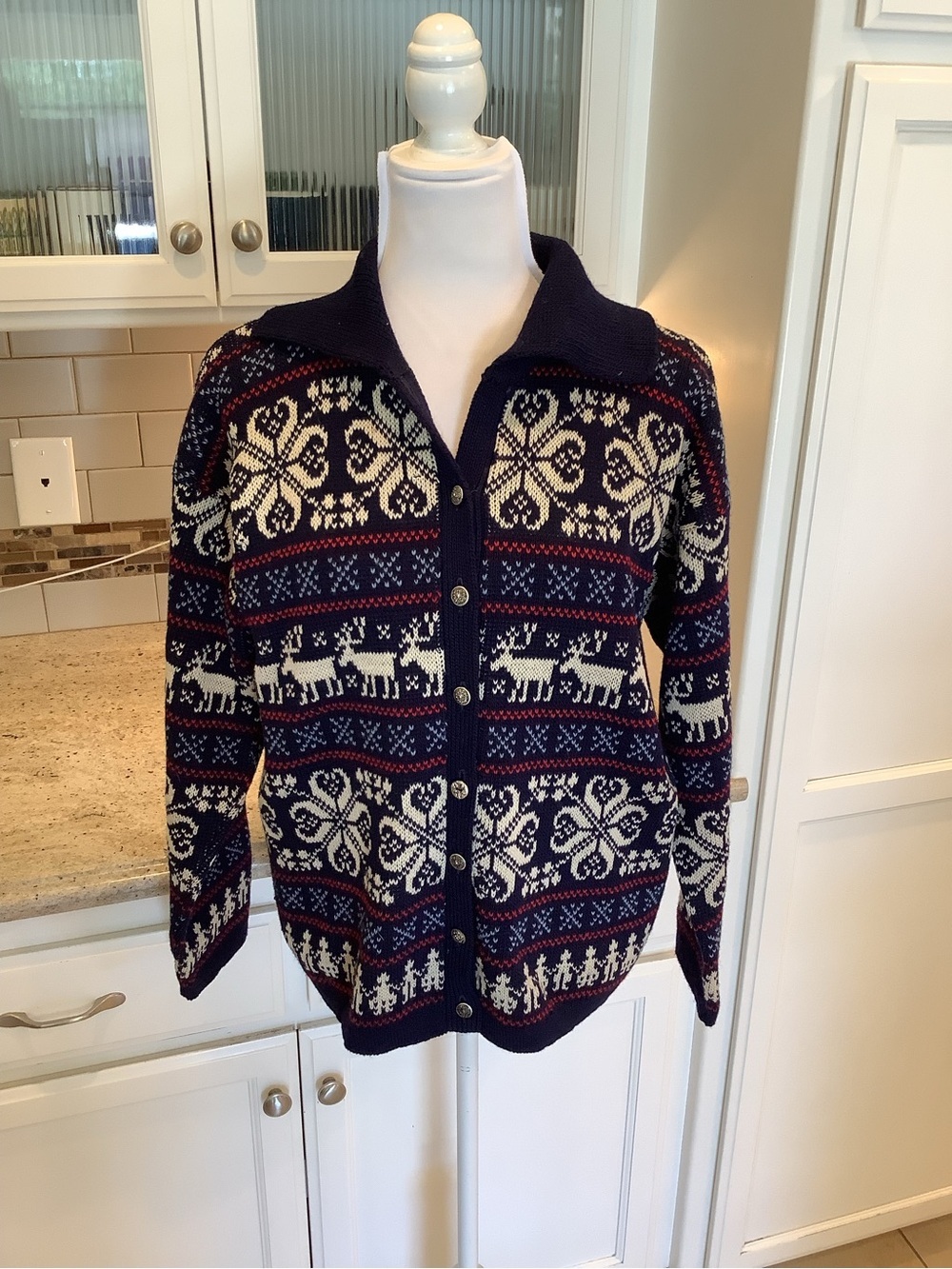Women's Figgio of Norway Navy Fair Isle Button-Front Cardigan Sweater